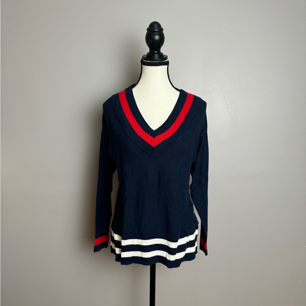 Chaps Red, White, and Blue striped lightweight knit  v neck sweater size small